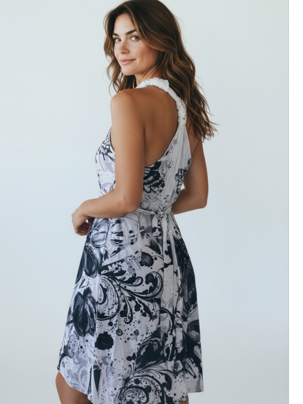 3/$25 Crimson Ivy Women’s Halter Black White Graphic Print Black & White  Dress